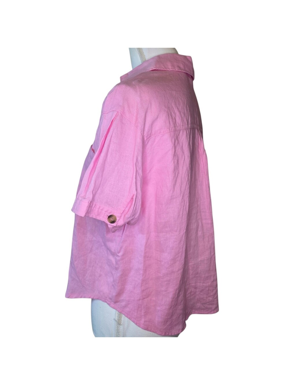 Love Tree Small Pink Linen Blend Button Up Blouse Short Sleeve Coastal Casual - Picture 2 of 9